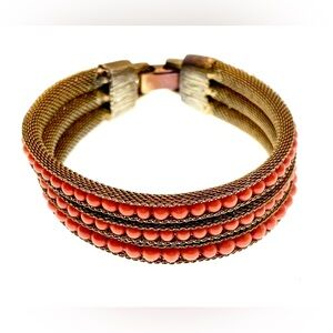 Vintage MCM Gold Tone MultiStrand Bracelet Mesh Channels Coral Colored Beads